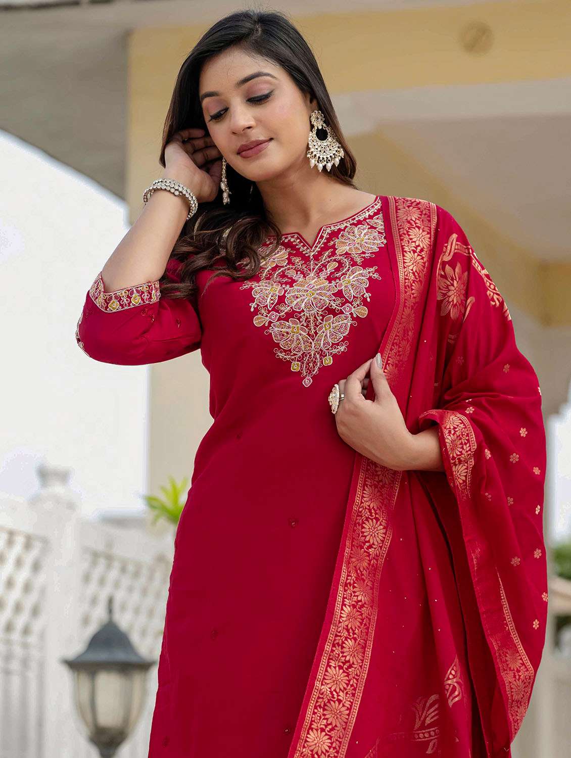Women Solid With Work Three Quarter Sleeve Kurta Pant With Dupatta Set - 22379584 -  Standard Image - 1