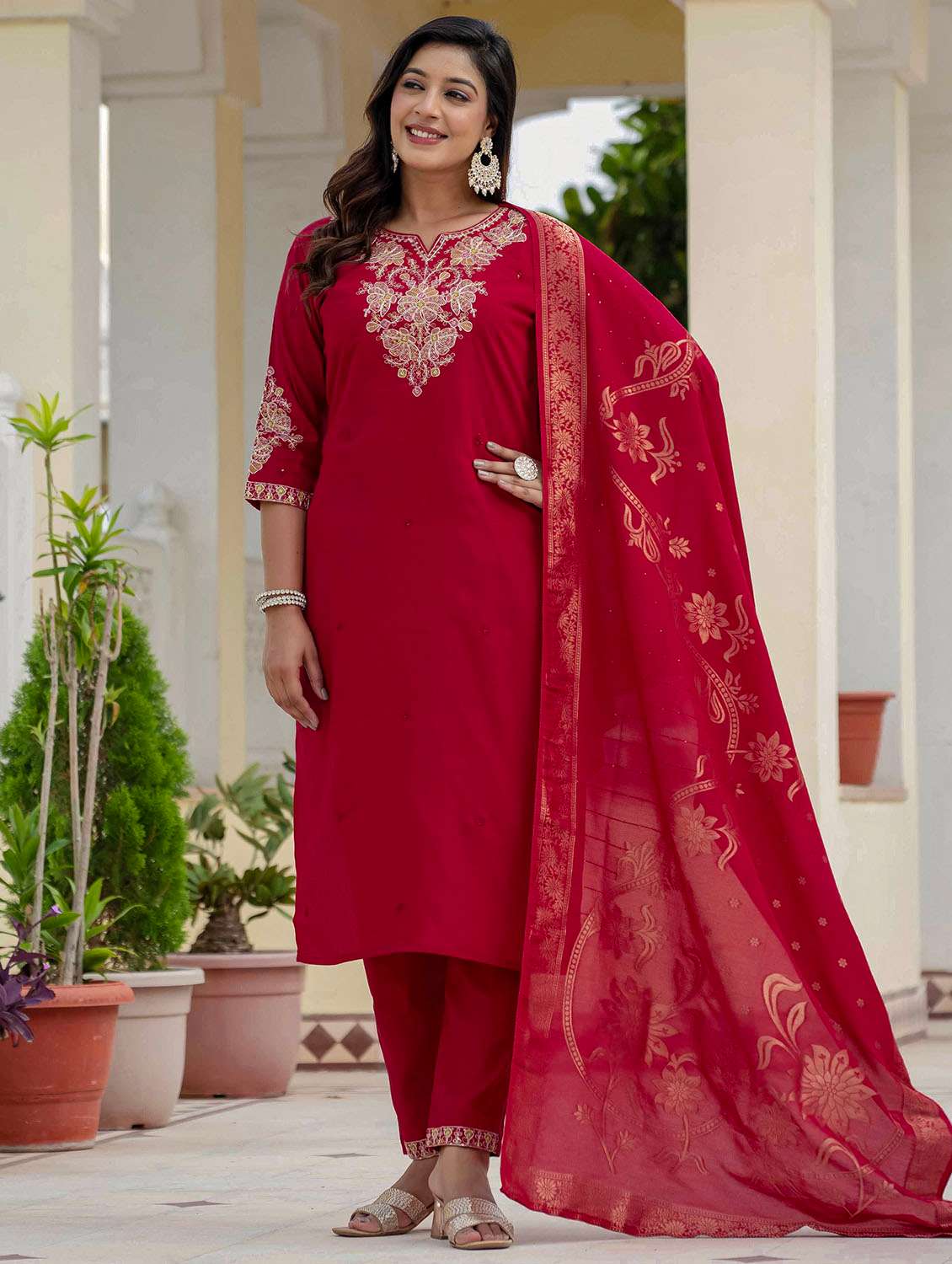Women Solid With Work Three Quarter Sleeve Kurta Pant With Dupatta Set - 22379584 -  Standard Image - 4