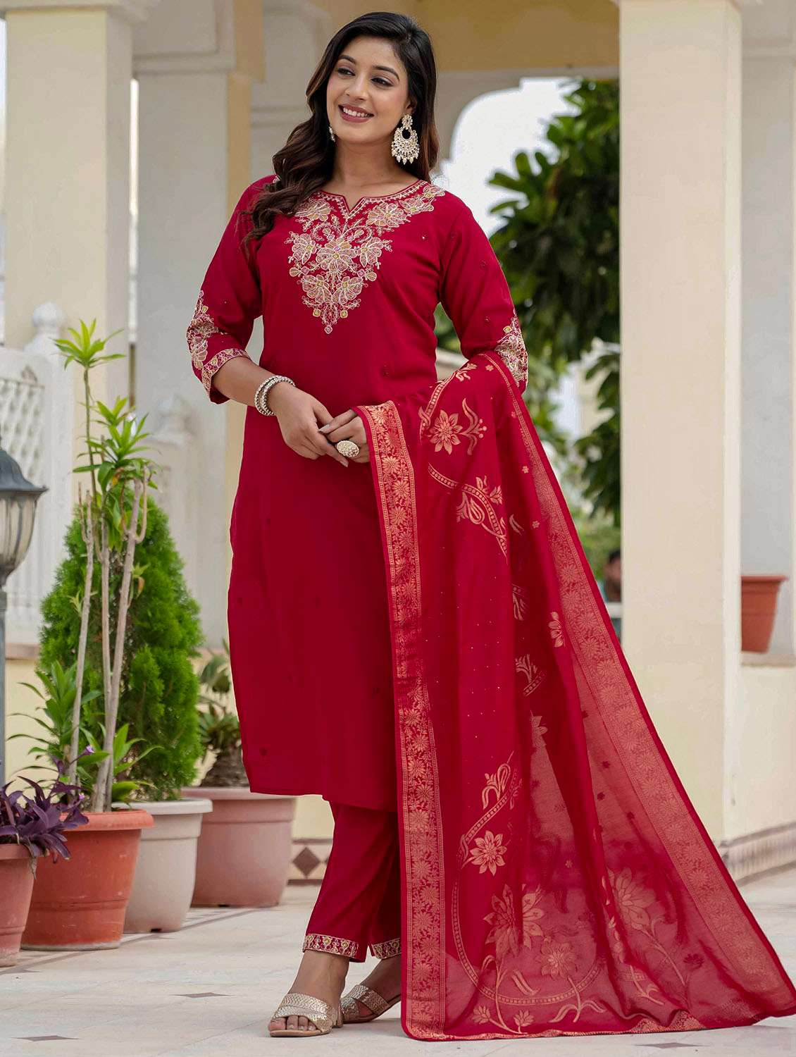 Women Solid With Work Three Quarter Sleeve Kurta Pant With Dupatta Set - 22379584 -  Standard Image - 6