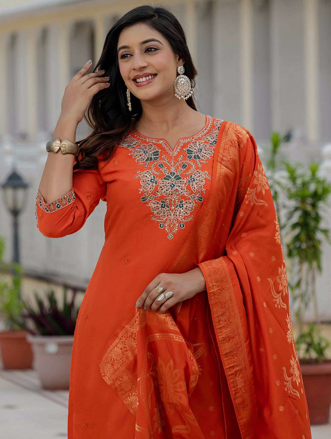 Women Solid With Work Three Quarter Sleeve Kurta Pant With Dupatta Set - 22379585 -  Standard Image - 1