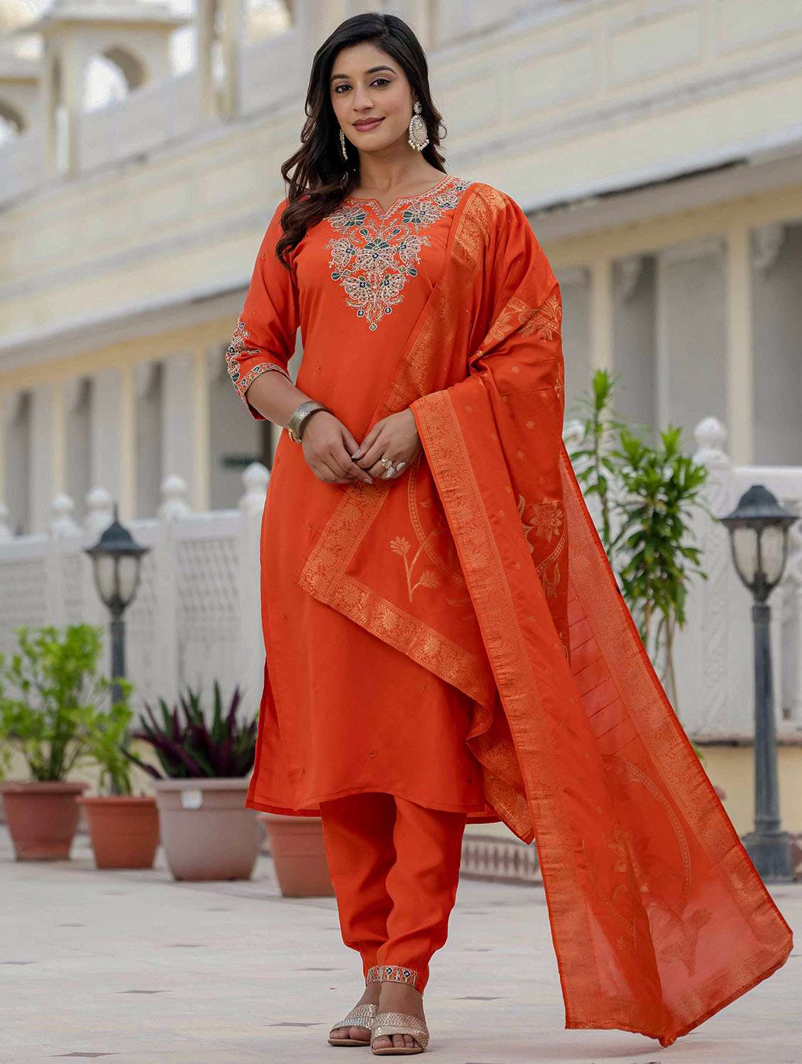 Women Solid With Work Three Quarter Sleeve Kurta Pant With Dupatta Set - 22379585 -  Standard Image - 4