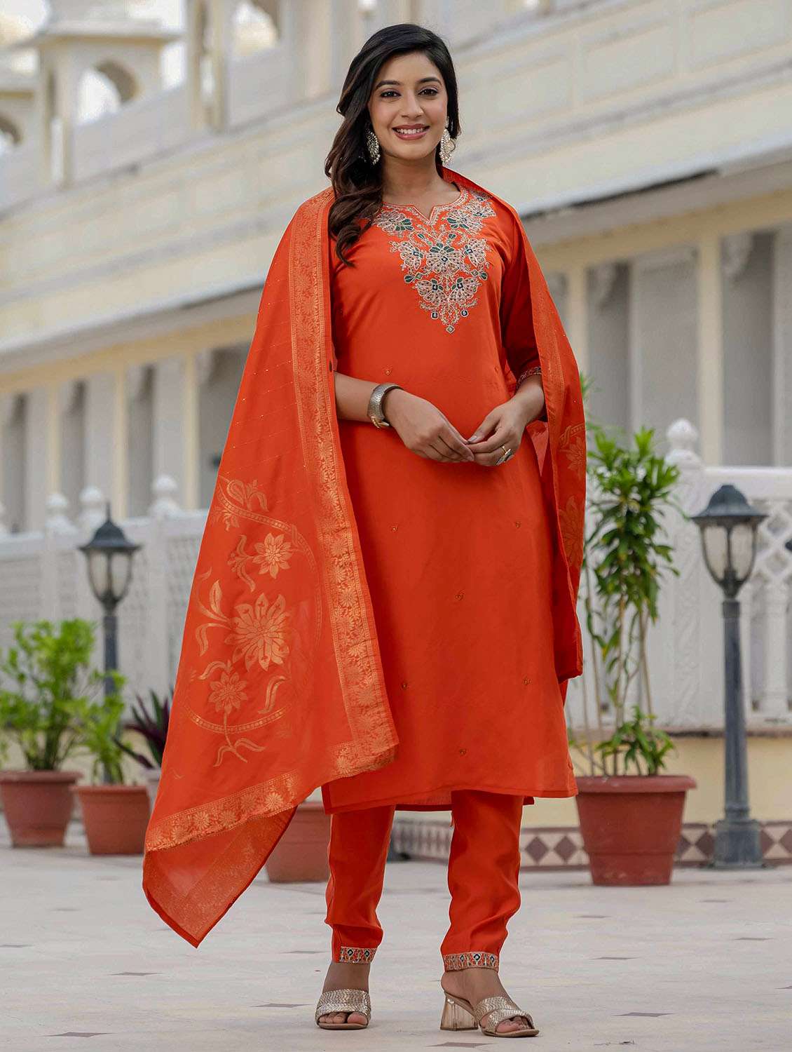 Women Solid With Work Three Quarter Sleeve Kurta Pant With Dupatta Set - 22379585 -  Standard Image - 6