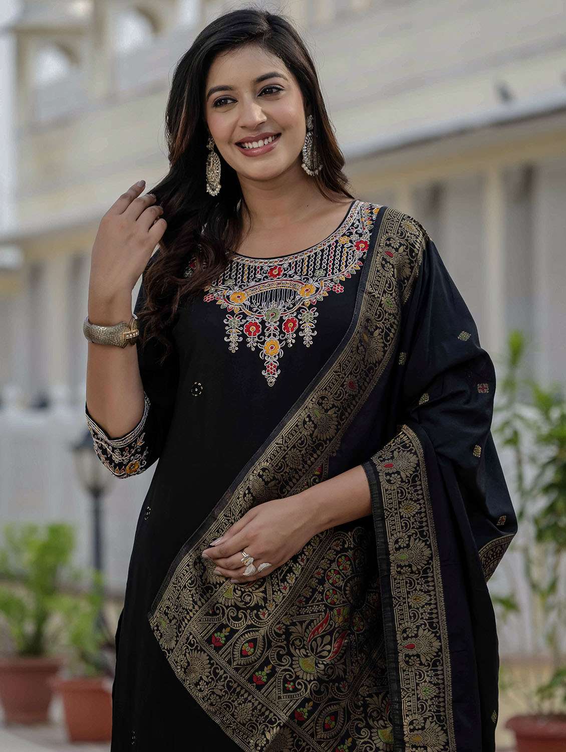 women solid with work three quarter sleeve kurta pant with dupatta set - 22379587 -  Standard Image - 1