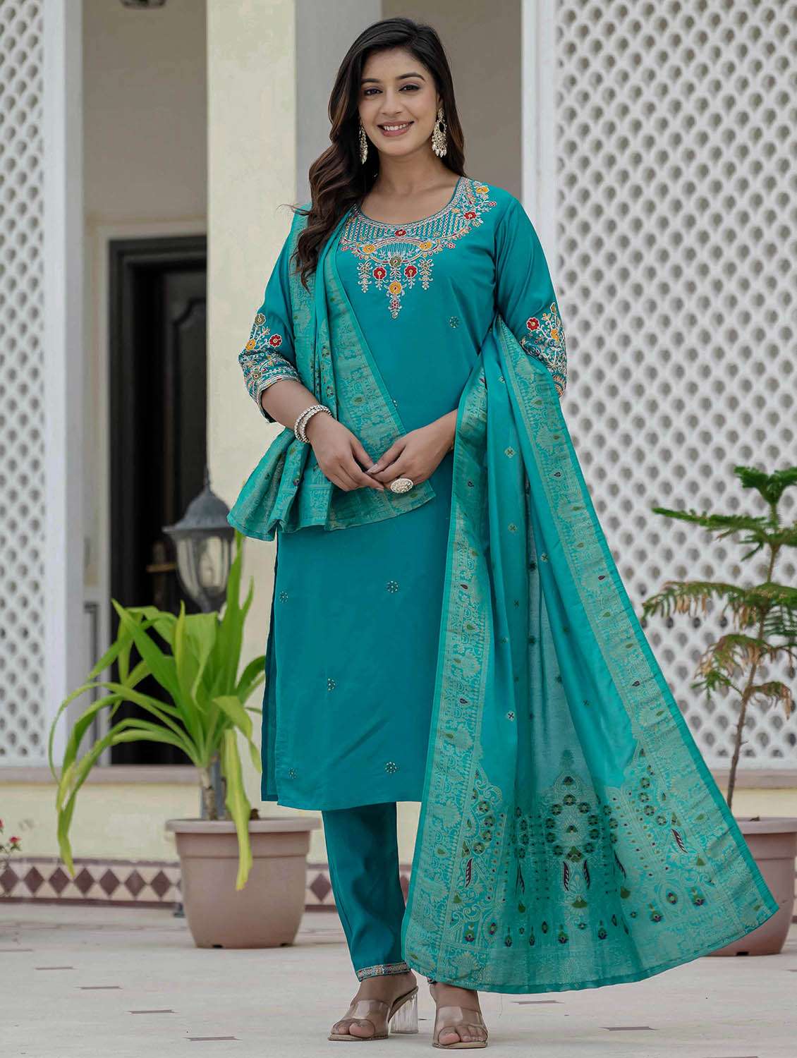 women solid with work three quarter sleeve kurta pant with dupatta set - 22379588 -  Standard Image - 4