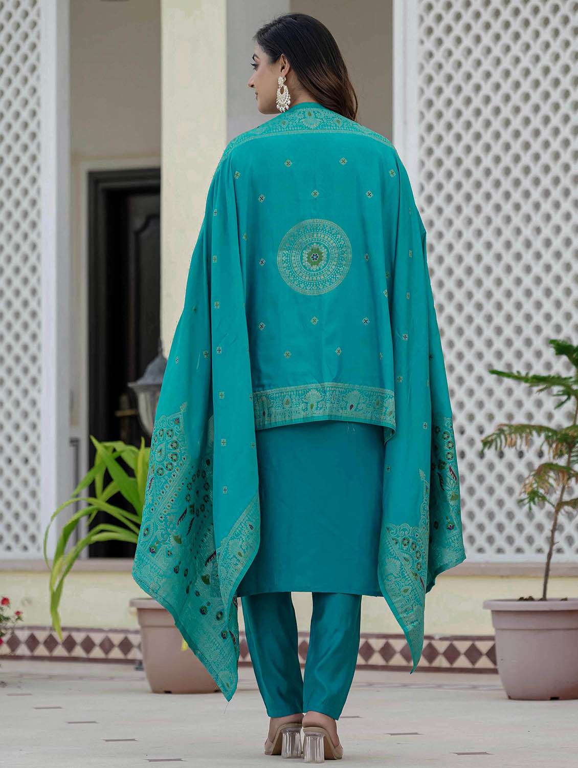 women solid with work three quarter sleeve kurta pant with dupatta set - 22379588 -  Standard Image - 6