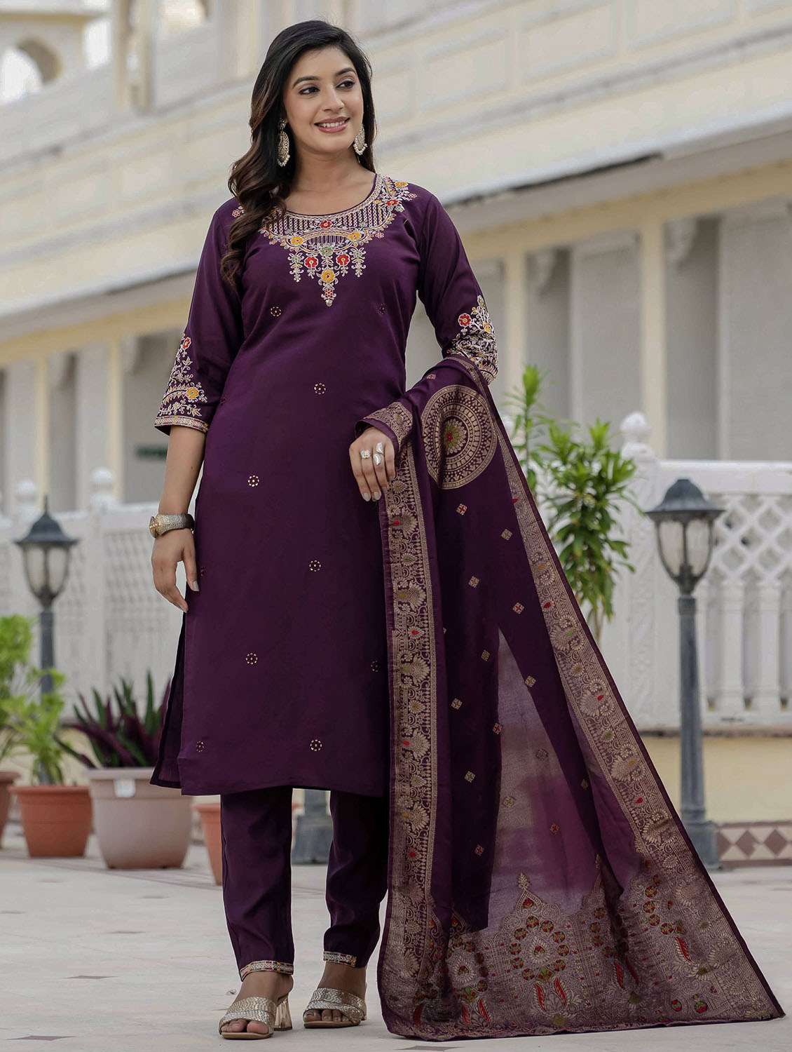 women solid with work three quarter sleeve kurta pant with dupatta set - 22379589 -  Standard Image - 1