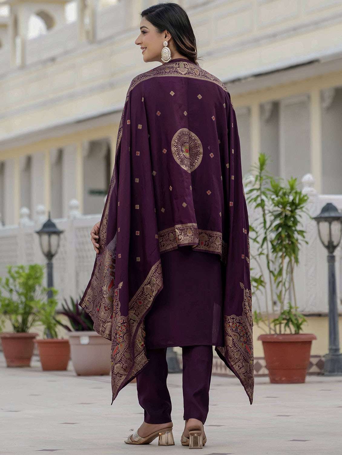 women solid with work three quarter sleeve kurta pant with dupatta set - 22379589 -  Standard Image - 6