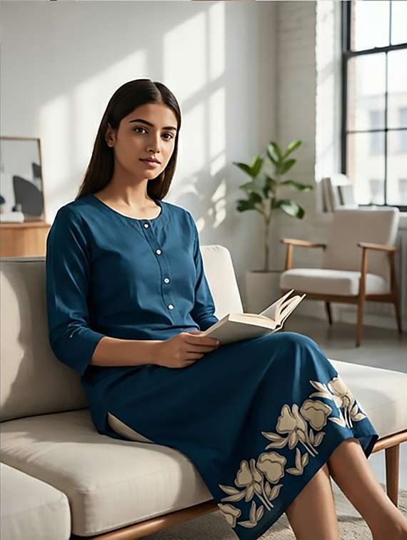 women printed three quarter sleeve kurta