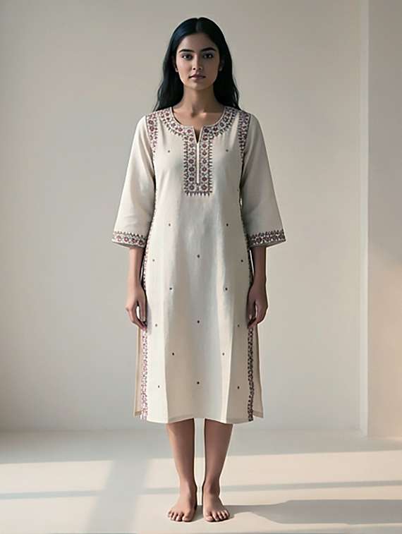 women embroidered three quarter sleeves straight kurta - 22379690 -  Standard Image - 1