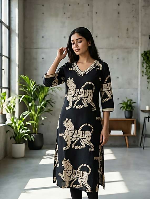 women printed three quarter sleeves straight kurta