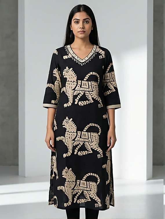 women printed three quarter sleeves straight kurta - 22379692 -  Standard Image - 1