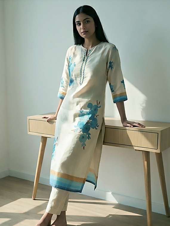 women printed three quarter sleeves straight kurta