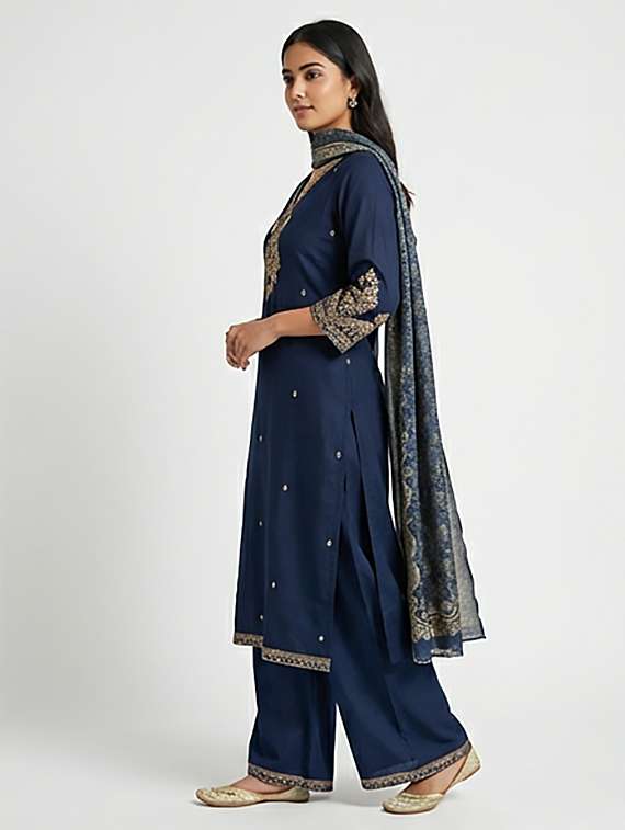 women embroidered three quarter sleeves kurta and palazzo set with dupatta - 22379743 -  Standard Image - 1
