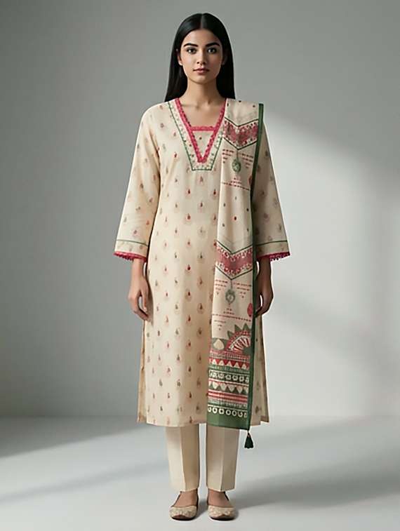 women printed three quarter sleeves kurta and pant set with dupatta - 22379760 -  Standard Image - 1
