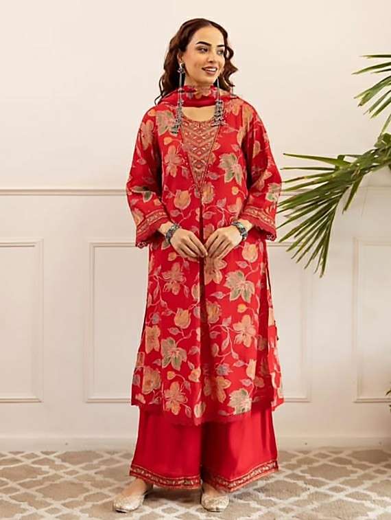 women printed three quarter sleeves kurta and palazzo set with dupatta - 22379767 -  Standard Image - 1