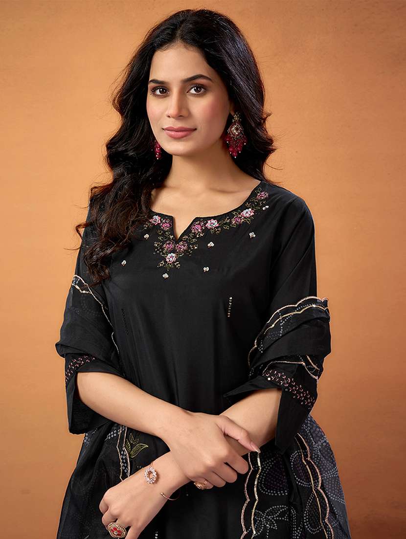 women solid with work three quarter sleeve kurta pant with dupatta set - 22379786 -  Standard Image - 1