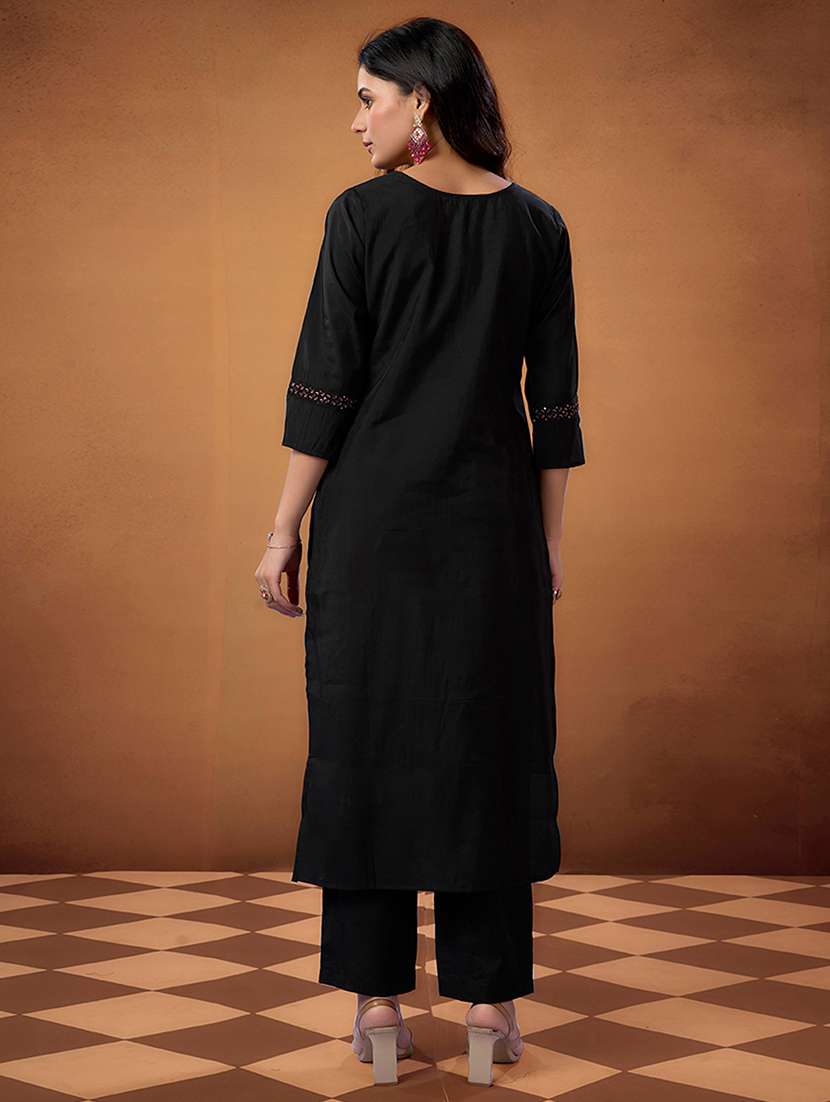 women solid with work three quarter sleeve kurta pant with dupatta set - 22379786 -  Standard Image - 4