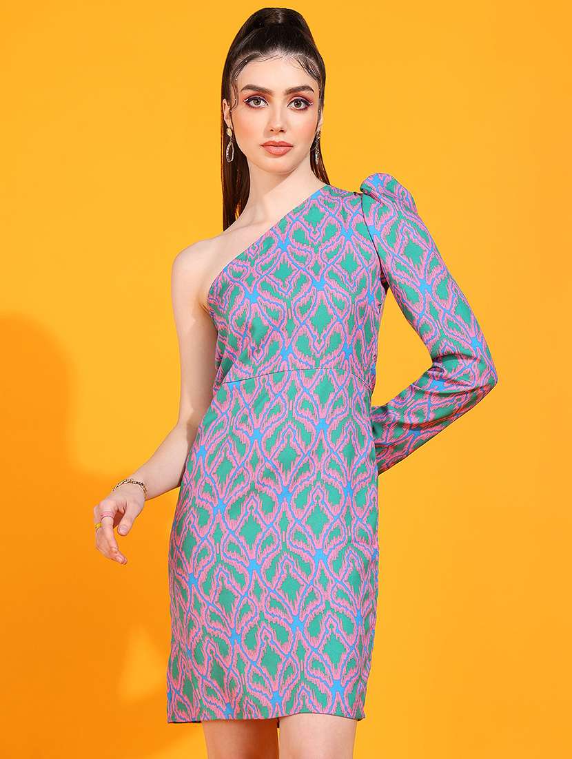 women printed single shoulder sheath dress