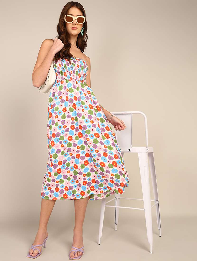 women printed strapless tube a-line dress