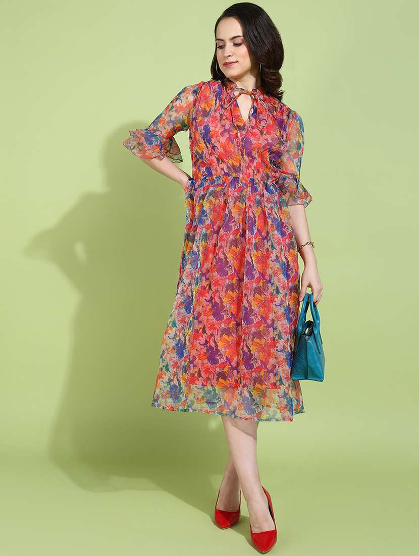 women printed tie-up neck short sleeve a-line dress