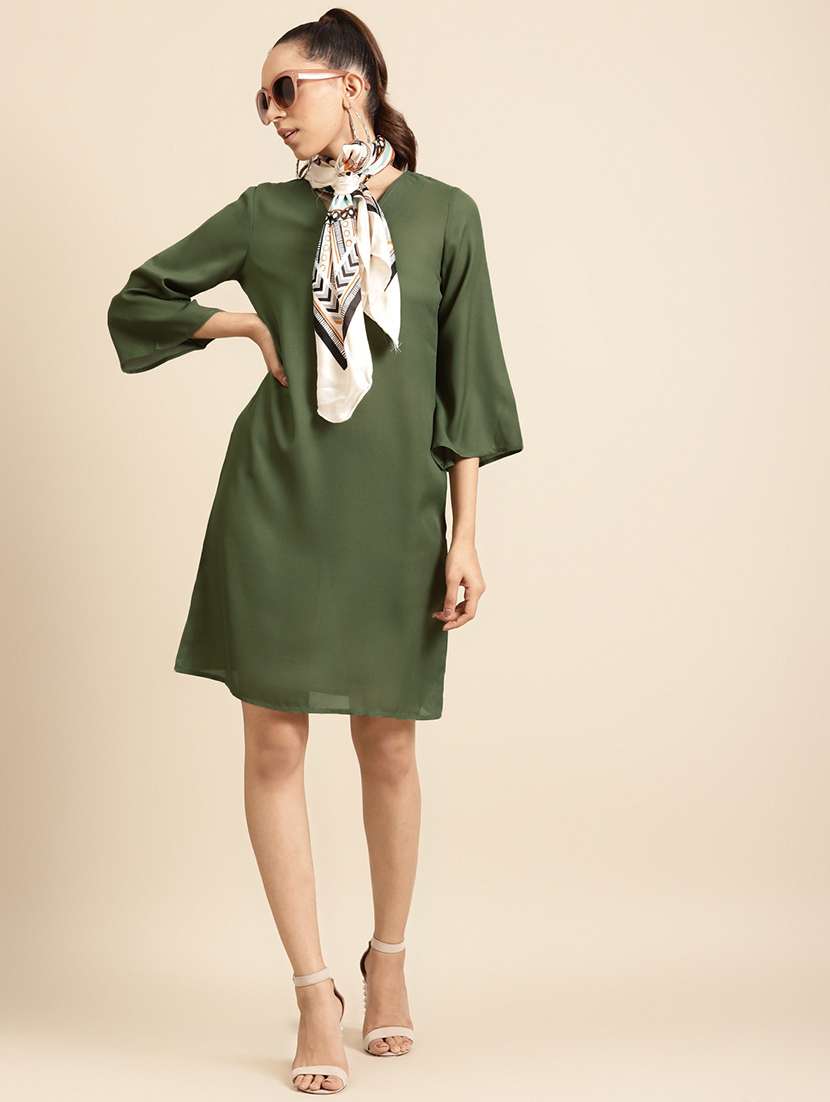 women solid three quarter sleeve a-line dress