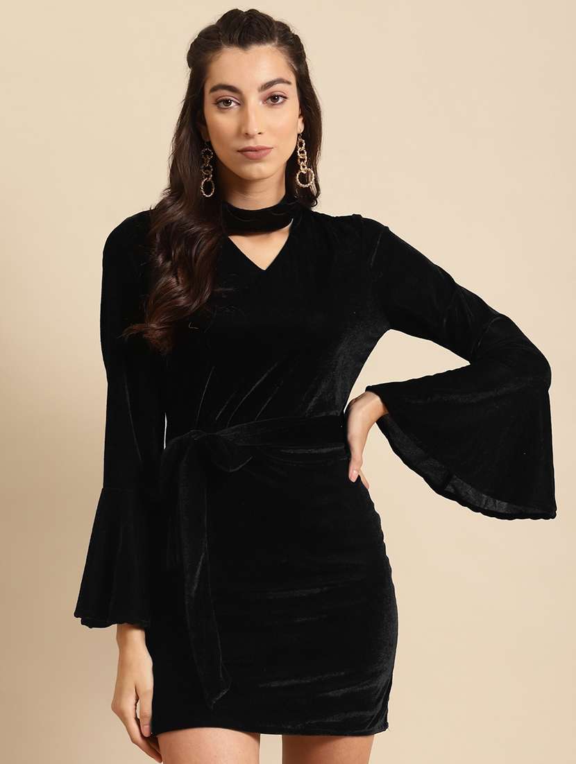 women solid bell sleeve bodycon dress