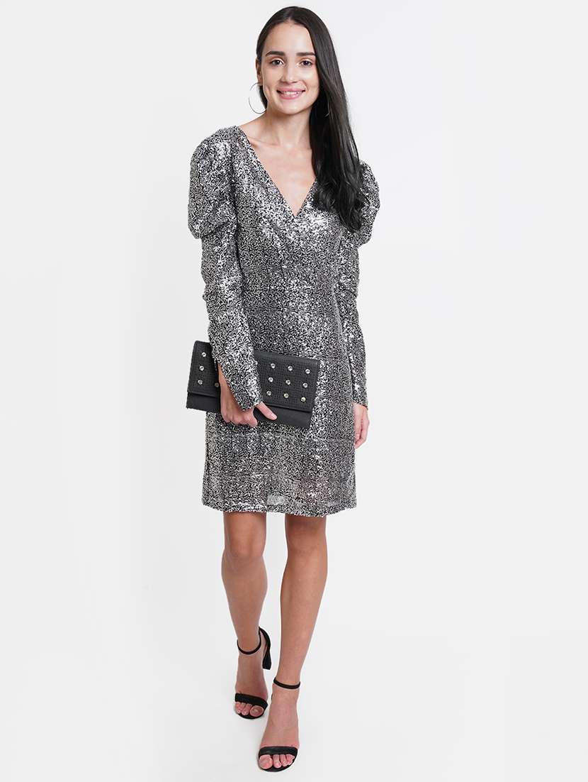 women sequined puff sleeve sheath dress