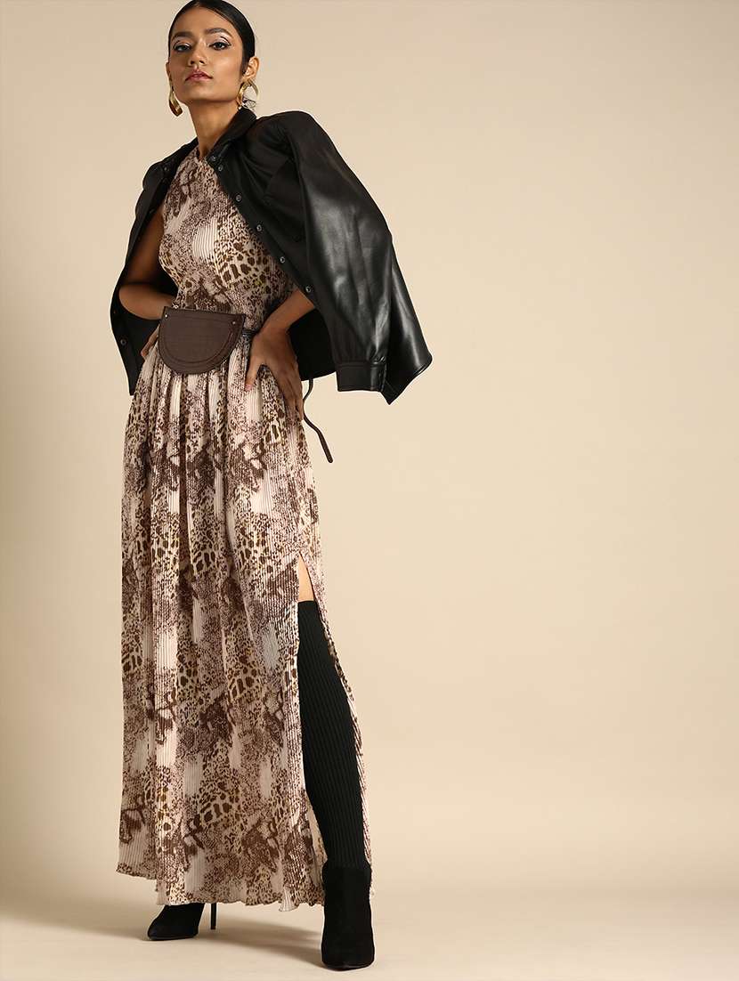 women animal print halter neck a-line dress