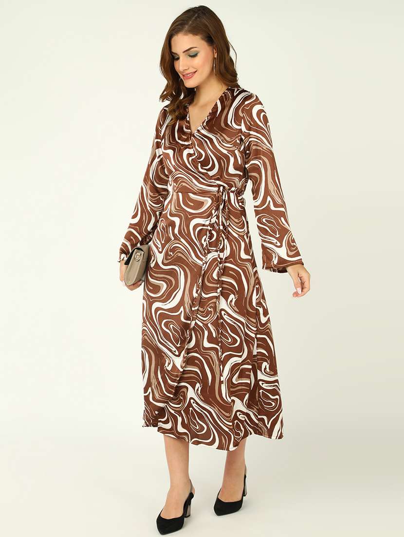 women printed bell sleeve wrap dress