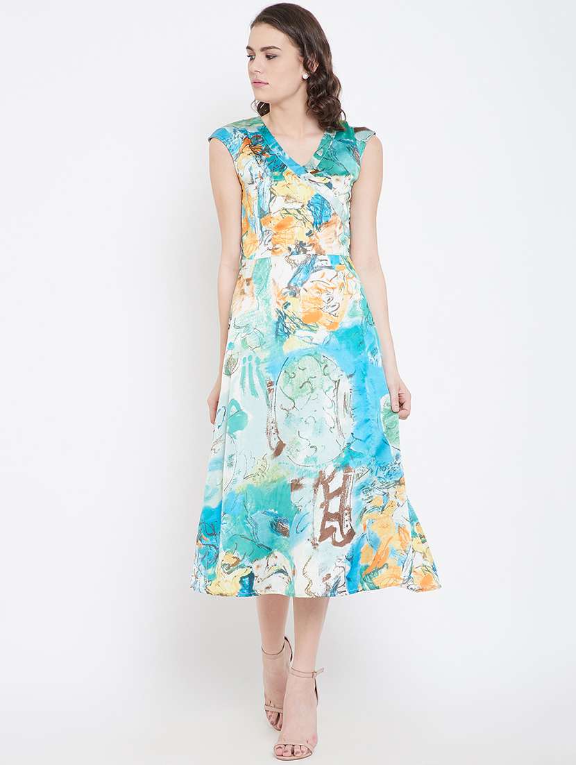 women printed cap sleeve a-line dress