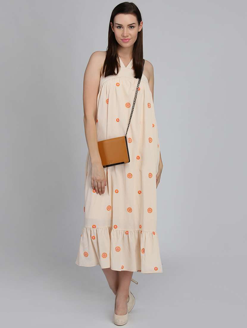 women printed shoulder strap tiered dress