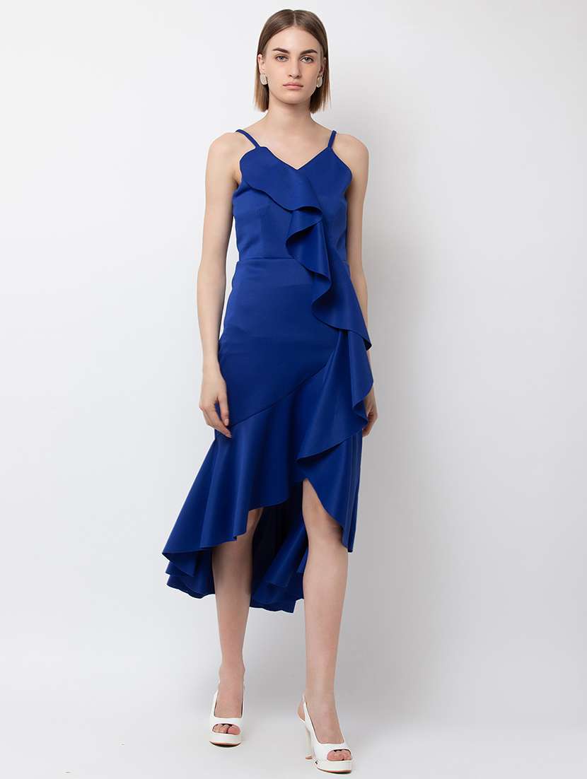 women solid shoulder strap asymmetric dress