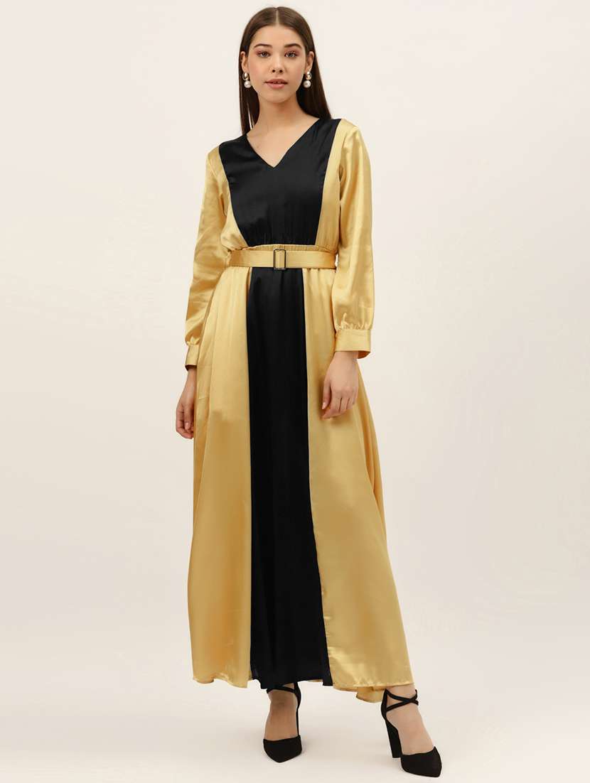 women color blocked bishop sleeve a-line dress