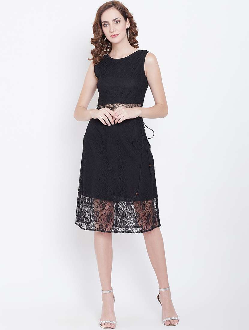 women self designed sleeveless lace a-line dress
