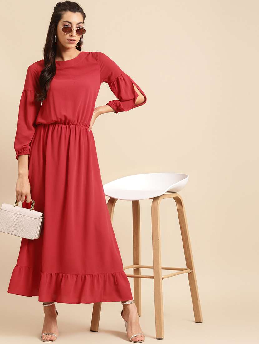 women solid long sleeve tiered dress