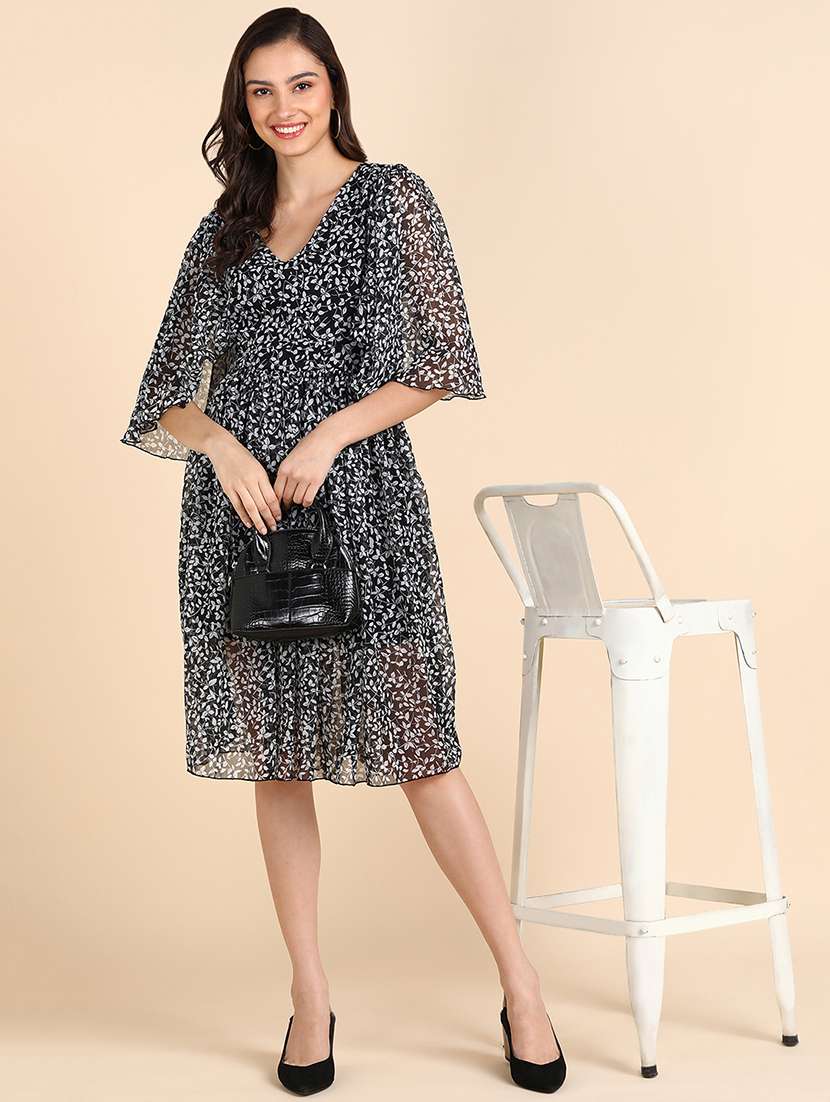 women printed flared sleeve fit & flare dress