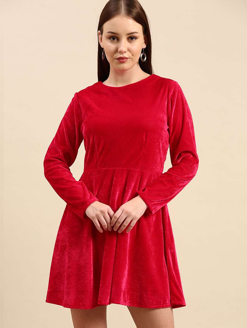 women solid long sleeve fit & flared dress