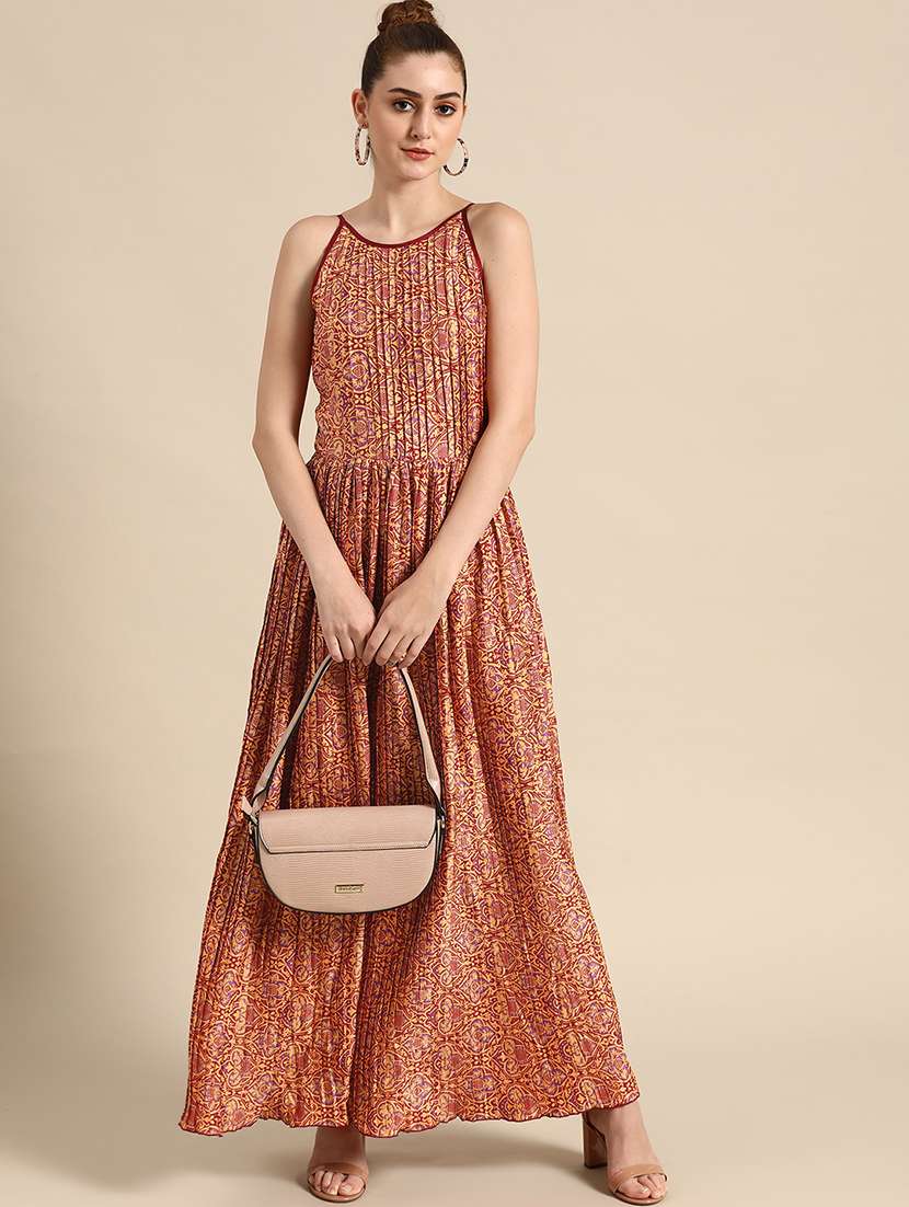 women printed shoulder strap a-line dress