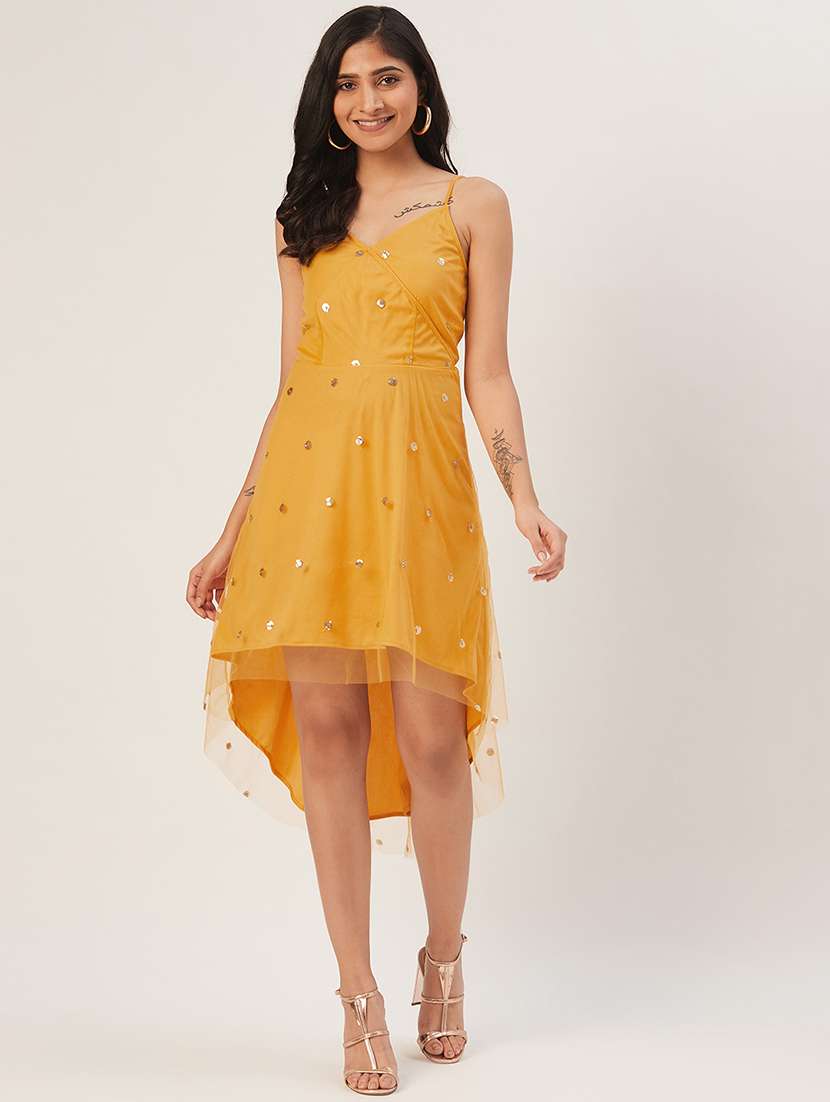 women sequined shoulder starp high low dress