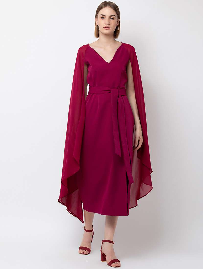 women solid cape sleeve a-line dress