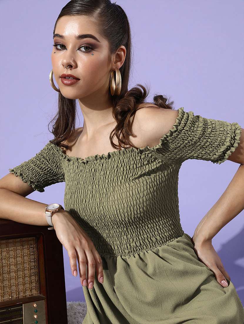 women solid off shoulder short sleeve a-line dress - 22380551 -  Standard Image - 1