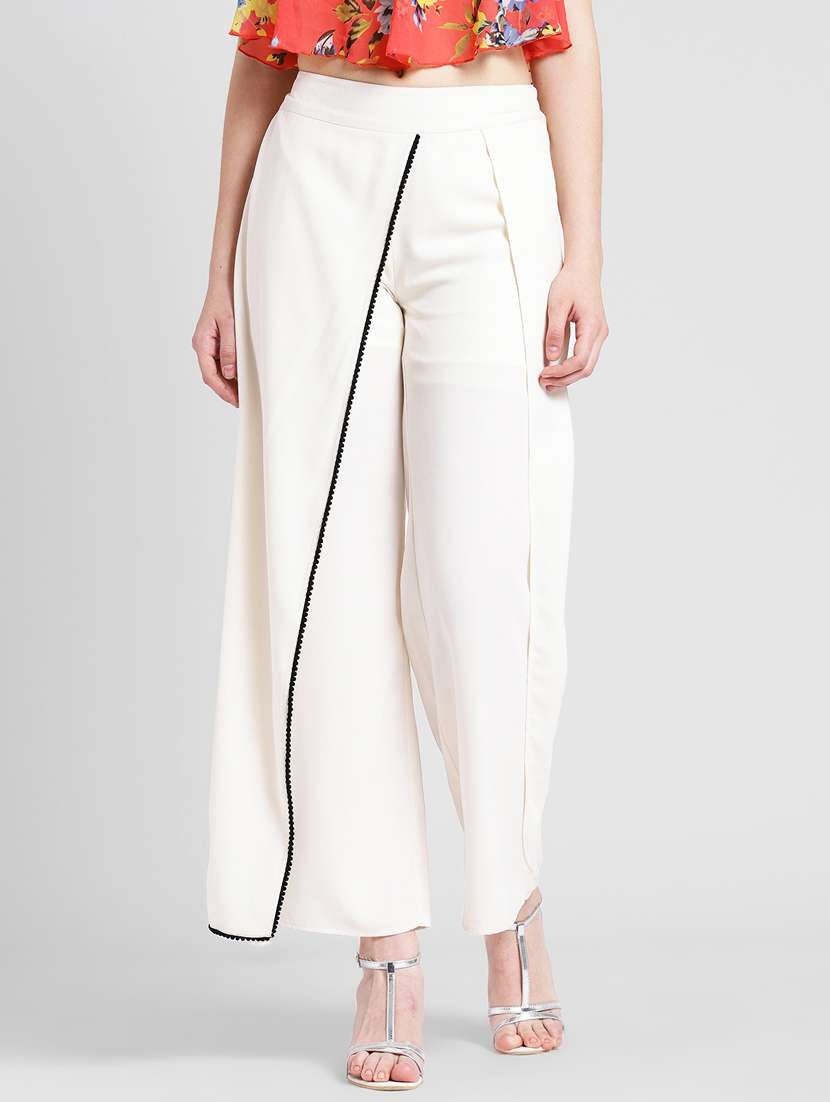 women solid high rise wide leg trouser