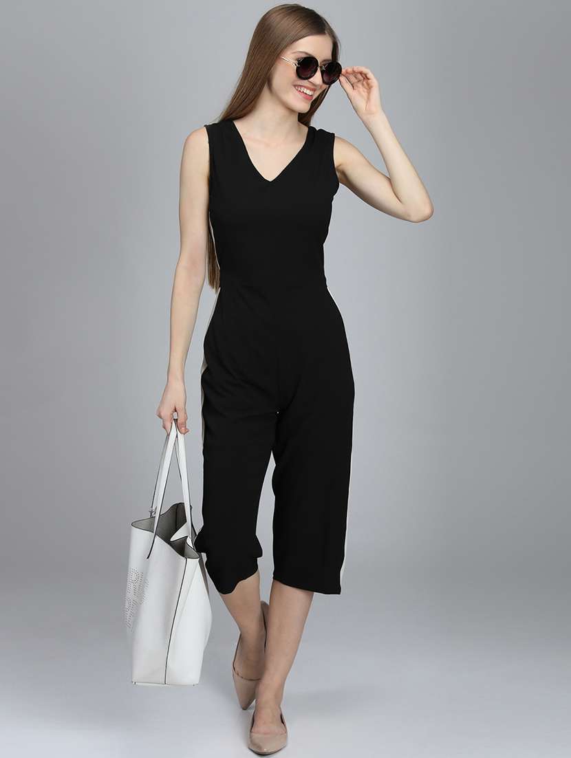women black solid sleeveless jumpsuit