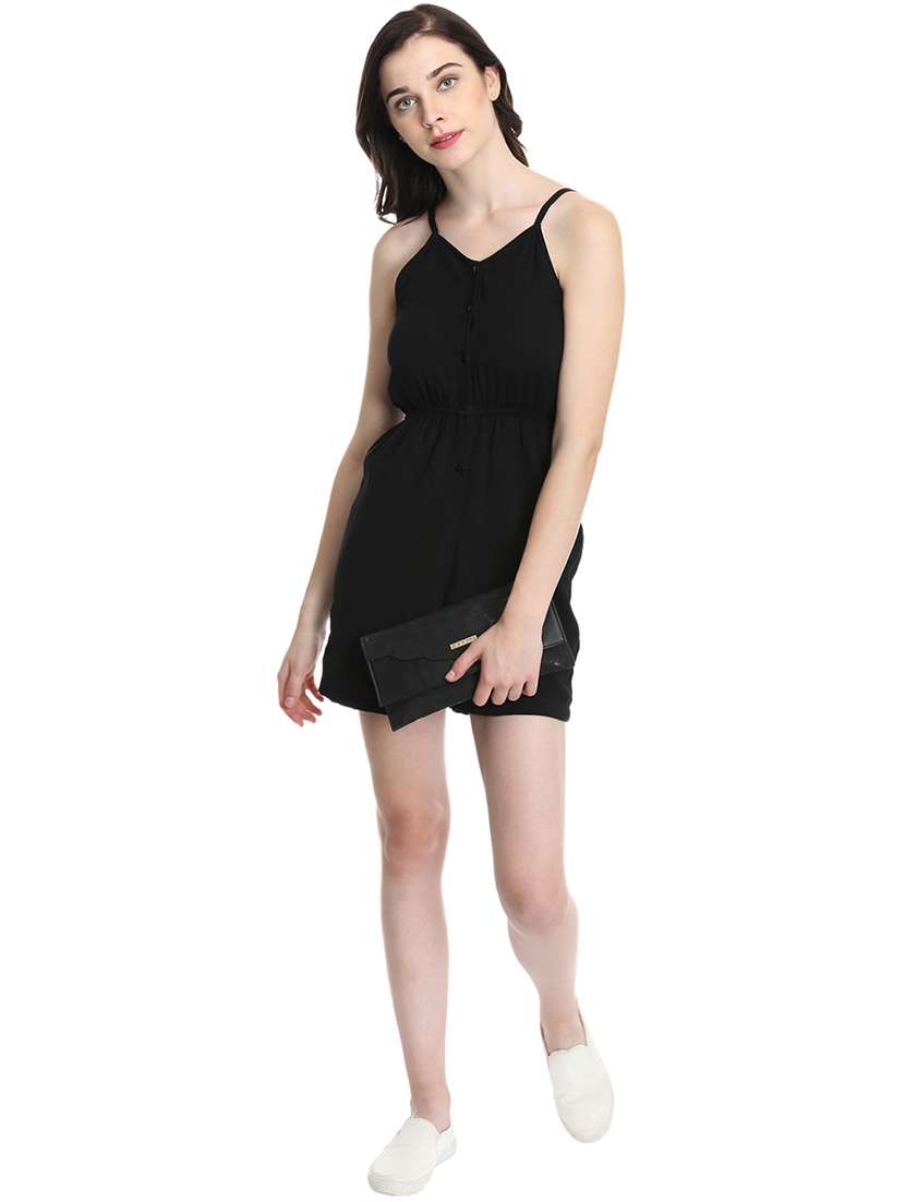women black solid shoulder strap romper 