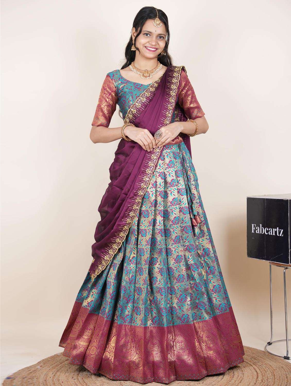 teal silk flared lehenga - 22380815 -  Standard Image - 1
