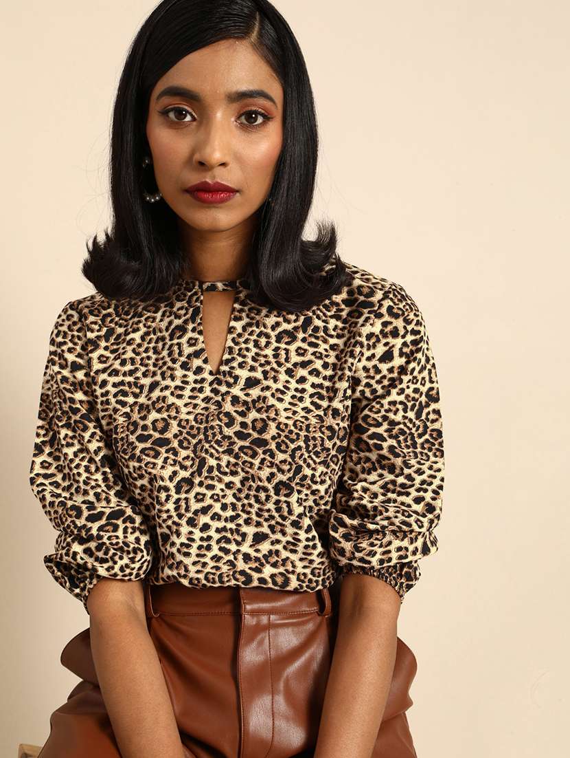 women animal print puff sleeve regular top
