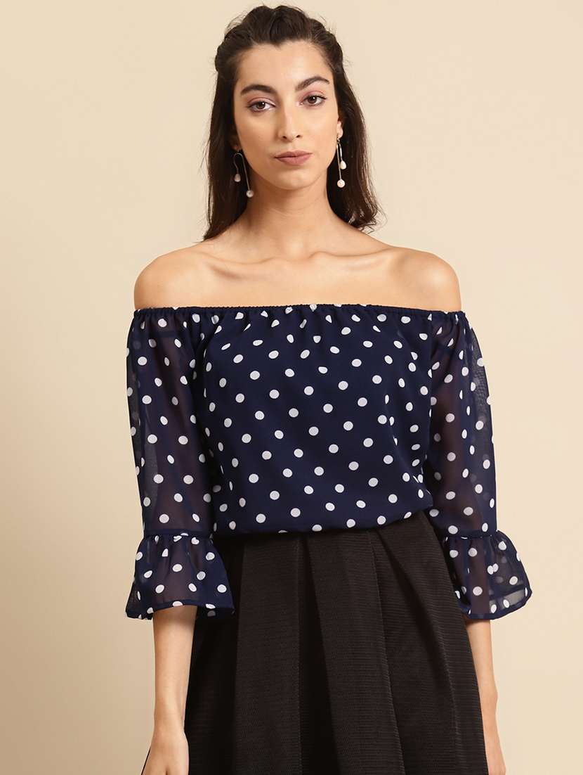 women polka doted off shoulder straight top