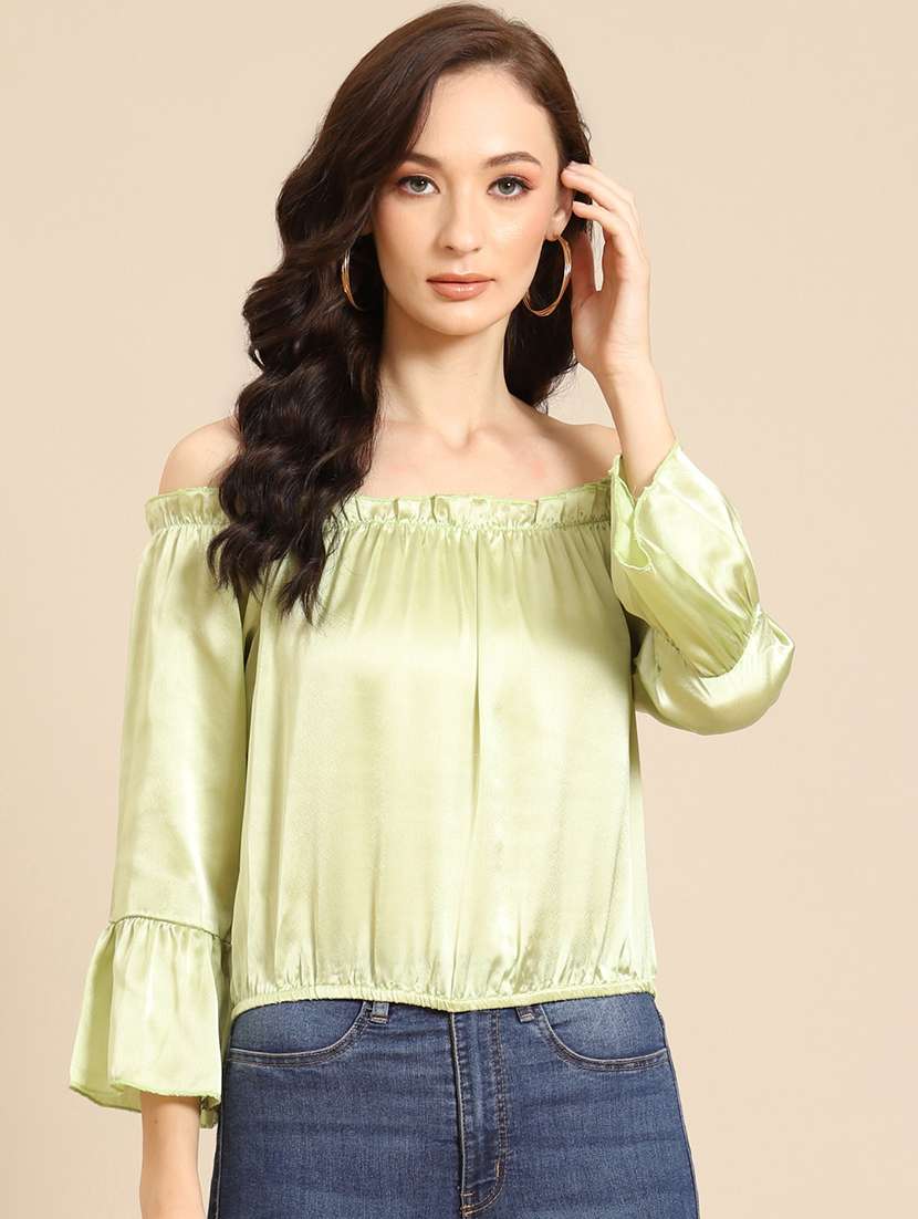 Women Solid Off Shoulder Bell Sleeve Blouson Top - 22380888 -  Standard Image - 1