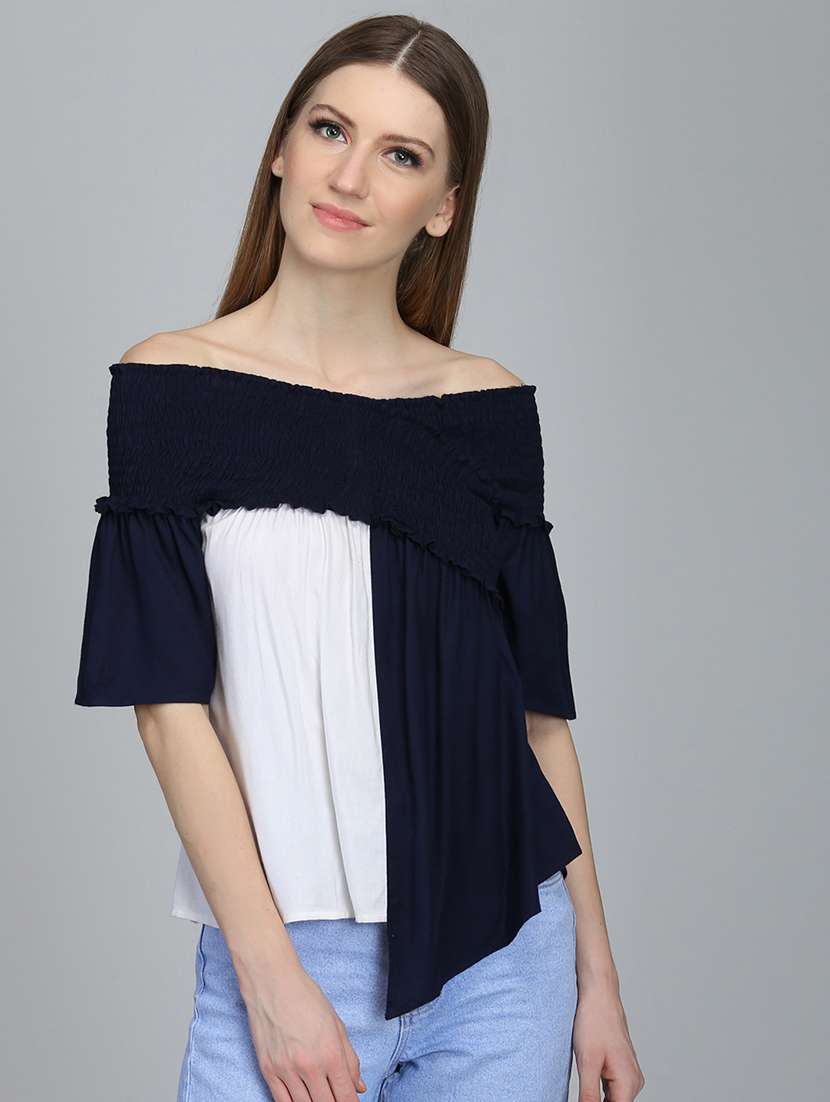 women color blocked off shoulder asymmetric top