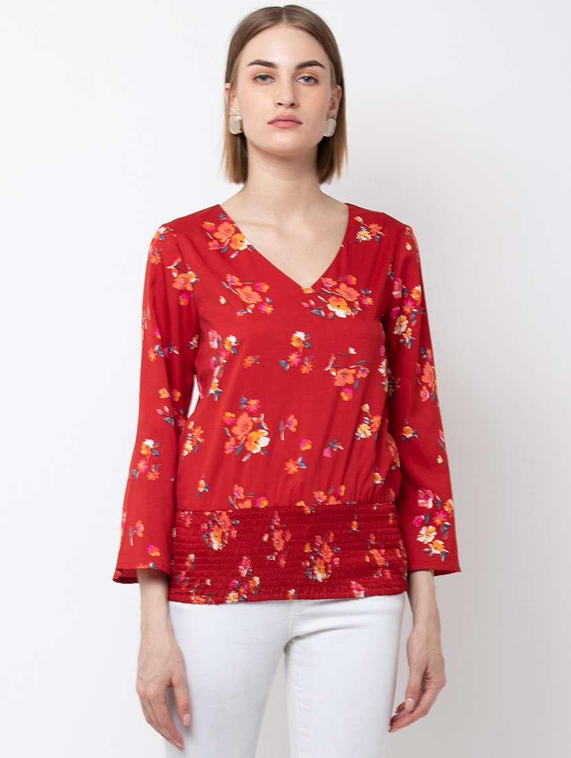 women floral print bell sleeve straight top